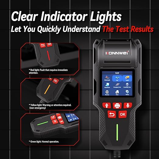 KONNWEI Car Battery Tester with Printer, Automotive 12V 24V Battery Load Tester Cranking and Charging Test 10-2000CCA Battery Analyzer Alternator Tester for Car Truck Motorcycle (Paper Included)