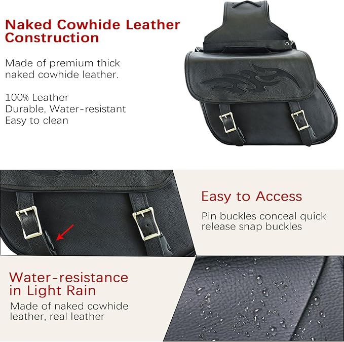 Dream Apparel Naked Cowhide Leather Motorcycle Saddle Bags Throw Over Saddlebags, Motorcycle Side Bags for Honda Shadow Sportster Softail Dyna V-star (Black, No Studs)
