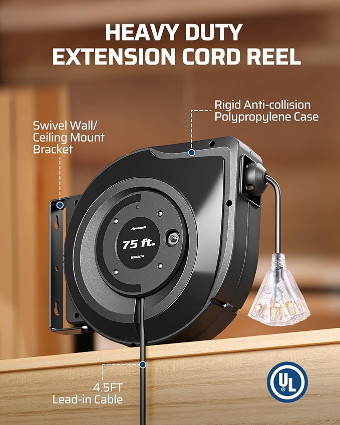 DEWENWILS 75FT Extension Cord Reel, 14/3C SJTOW Retractable Extension Cord Reel, Lighted Triple Outlets, 10A Circuit Breaker, Heavy Duty Power Cord, UL Listed, Ceiling/Wall Mount
