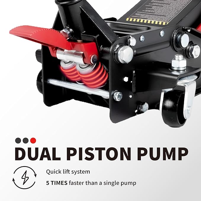 3-Ton (6600lbs) Low-Profile Dual Pistons Heavy-Duty Steel Racing Floor Jack with Quick Lift Hydraulic Pump, Foot Pedal and Magentic Pad for Car Maintenance (Red, 3 Ton Low Profile)