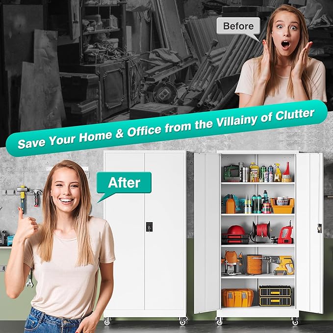 75" Tall Metal Storage Cabinet with Wheels,Rolling Garage Storage Cabinet with Lock,White Metal Cabinets with Wheels and Shelves,Tool Cabinets on Roller for Garage,Home,Office,Shop