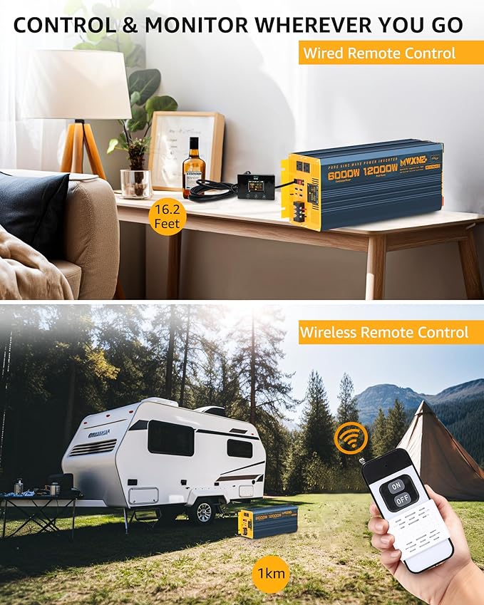 6000 Watt Power Inverter Pure Sine Wave 48V DC to 110V 120V Heavy Duty Inverter with Remote Control and LED Display, 4 USB/Type-C Ports & 2 AC Outlets Car Charger for Vehicles RV