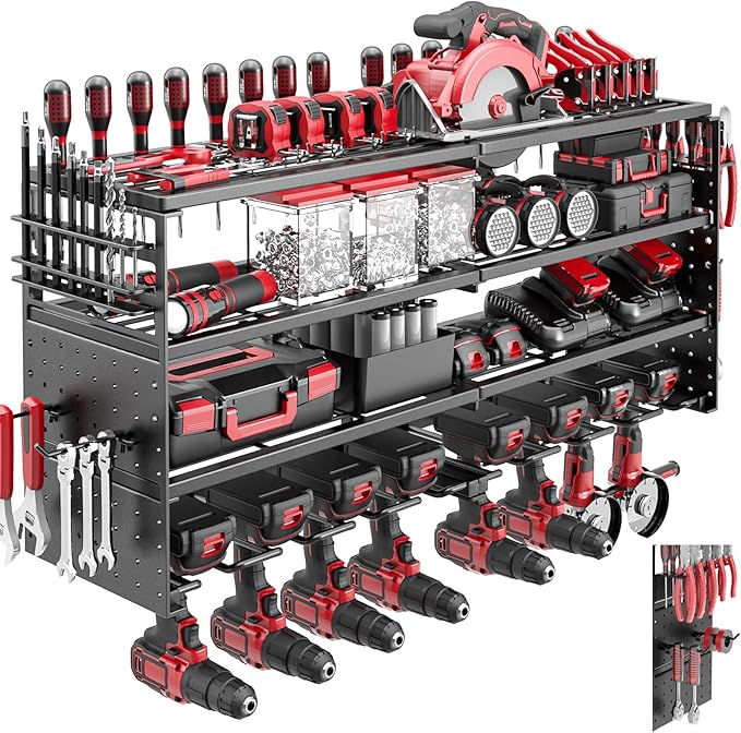 Power Tool Organizer Wall Mount, 4 Tier Tool Storage Rack with 8 Cordless Drill Holders, Heavy Duty Power Tool Shelf for Garage Organization Workshop