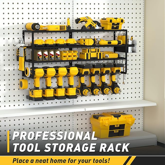 Large Power Tool Organizer Wall Mount for Fathers Dad, 4 Layers Heavy Duty Metal Garage Organization Loads 360lbs with 8 Cordless Drill Holder, Power Tool Shelf for Garage Workshop, Utility Racks