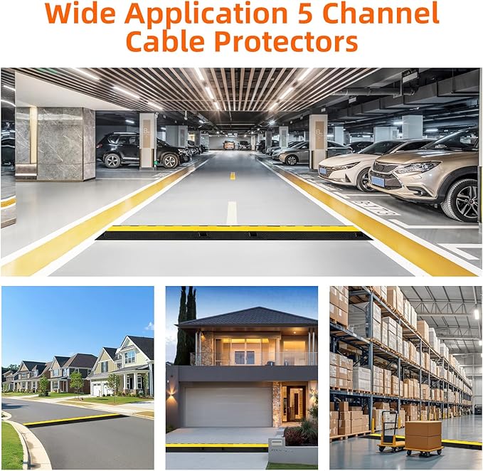 5 Channel 2 Pack Cable Protector Ramp Traffic Wire and Hose Ramp Cord Cover Heavy Duty Channels 18,000 lbs Load Capacity Cable Wire Ramp Speed Bump Driveway Cable Ramp Protective Cover