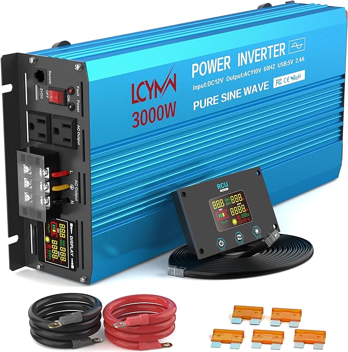 3000 Watt Inverter Pure Sine Wave DC 12V to 110V AC Power Inverters with 3 AC Charger Outlets, Car Inverter Solar Power Inverters for Vehicles Home with LCD Display and 2.4A USB Charging Ports