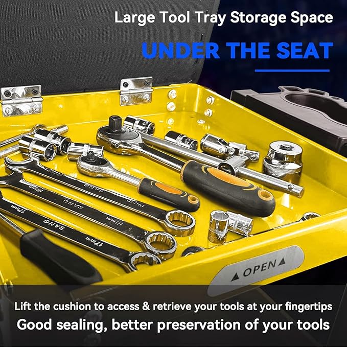 Rolling Creeper Garage Shop Seat for Men, Padded Mechanics Stool with Tool Tray Storage for Garage, Rolling Workshop Stool with Wheels, Auto Creeper Seat, 330 LBS Capacity, Heavy Duty,Yellow