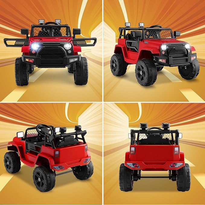 Costzon Ride on Car, 12V Battery Powered Truck Vehicle with Remote Control, Spring Suspension, Headlights, Music, Horn, MP3, USB & Aux Port, Gift for Boys Girls, Electric Car for Kids (Red)