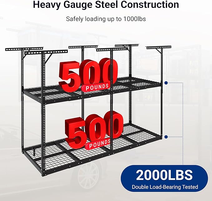 FLEXIMOUNTS 3x8 2-Tier Overhead Garage Storage Rack – Adjustable Heavy Duty Metal Garage Ceiling Storage Racks, 1000 lbs Capacity – Garages Organization System for 10–15 ft Tall Garages, Black