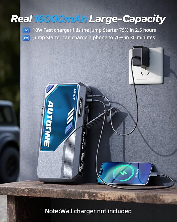AUTOONE M4 Jump Starter 7500A Car Jumper Starter Portable, 12V Battery Jump Starter (All Gas/12L Diesel) Jump Box for Car Battery with Built-in Booster, Storage Case, LED Light, Jumper Cables