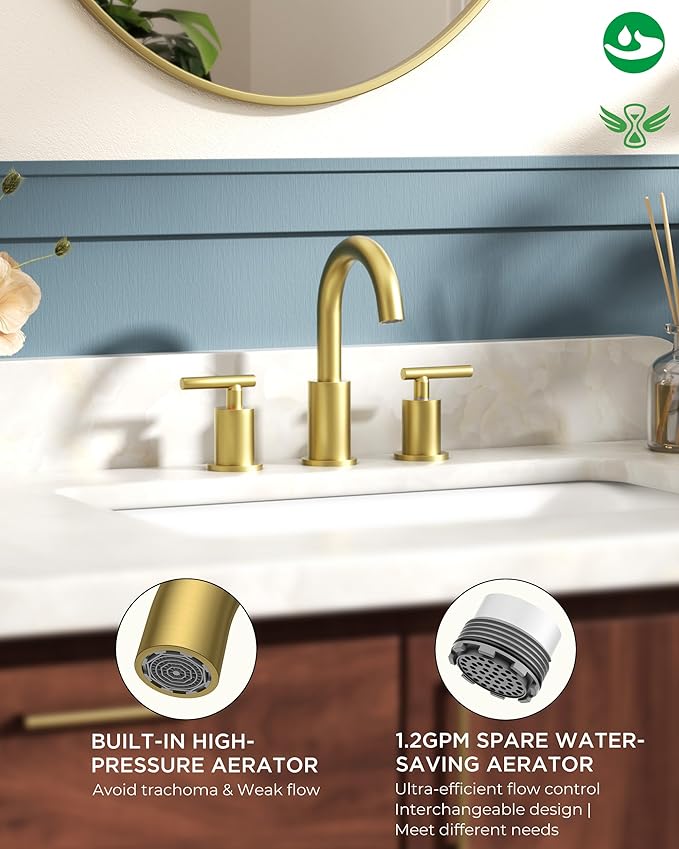 FORIOUS 8 Inch Widespread Brushed Gold Bathroom Faucet 3 Hole, 2 Handle Gold Sink Faucet Bathroom Vanity with 360 Degree Swivel Spout, with Metal Pop Up Drain and cUPC Supply Line, for 6 to 12 In Sink