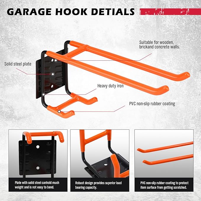 2-Piece 9.4" Heavy Duty Garage Hooks, Sturdy Utility Hooks Holds 55 LB Wall Mount Garden Tool Organizer Hangers for Hanging Shovel Ladder Chairs Strollers Power Tool Tire and More (Orange)