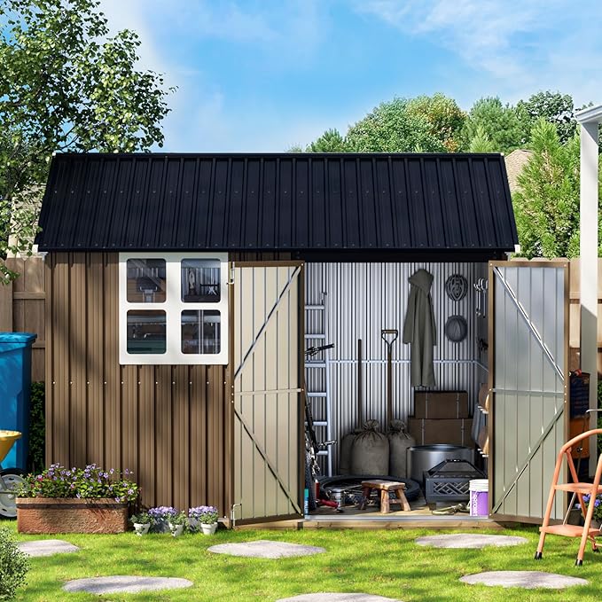 10X8FT Outdoor Steel Storage Shed with Lockable Doors, One Big Window,Ideal for Garden, Backyard, Patio Storage,Brown