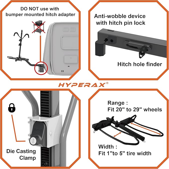HYPERAX 2023 Volt RV -RV Approved Hitch Mounted 2 E Bike Rack Carrier for RV,Camper,Motorhome,Trailer,Toad with 2" Tow Hitch Receivers - Up to 2X 80lbs eBikes with Up to 5" Fat Tires