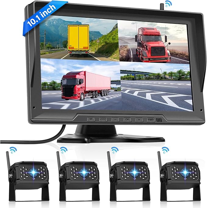 1080P Wireless Backup Camera Digital System Kit, Hodozzy 10.1 Inch HD 4 Quad Split Screen Reversing Monitor with Loop Record, Night Vision/IP68 Waterproof/Rear View Camera RV/Truck/Trailer/Bus/Camper
