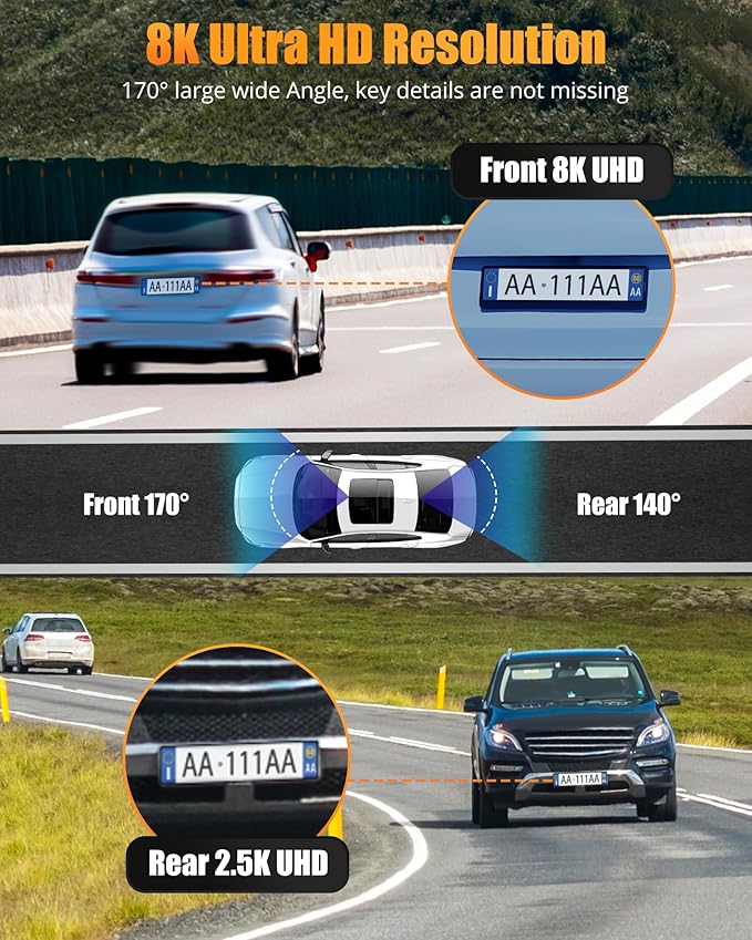 Dash Cam Front and Rear, 8K/2.5K UHD Dash Camera for Cars, Dash cam with 32GB Card, Built-in Wi-Fi & GPS, 3.16”IPS Screen, Night Vision, 170°Wide Angle, WDR, 24H Parking Mode