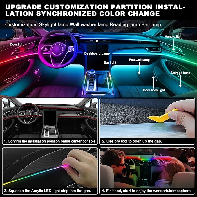 Dreamcolor Acrylic Interior Car LED Strip Light with Wireless APP, RGB 22 in 1 with 175 inches 600 LEDs Fiber Optic Car Ambient Lighting Kits, Dual Zone Sound Active Function LED Strip for Car