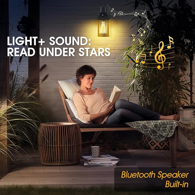 2PACK Bluetooth Speaker Outdoor Wall Lights - Porch Lights Outdoor with Dusk to Dawn Sensor, Waterproof Exterior Lighting Fixtures for House, Garage, Front Door, E26, Black