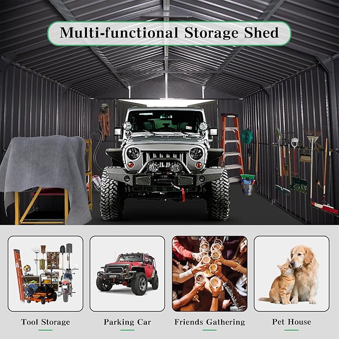 Domi 12x25FT Outdoor Metal Garage Shed, Extra Large Carport with Skylights & Dual-Entry, Backyard Storage Shed for Car, Truck, Lawn Mower and Tool, Dark Grey