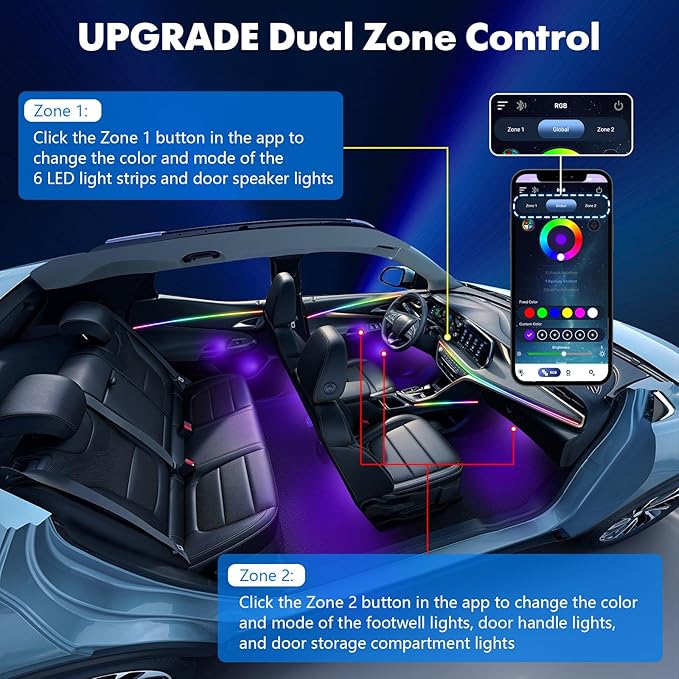 2025 Upgraded Acrylic Interior Car LED Strip Light with Self-Developed App Dreamcolor RGB 6 in 1 | Zone Control | Super Brighter LED Strips | Music Sync | 16M Colors Car Ambient Lighting