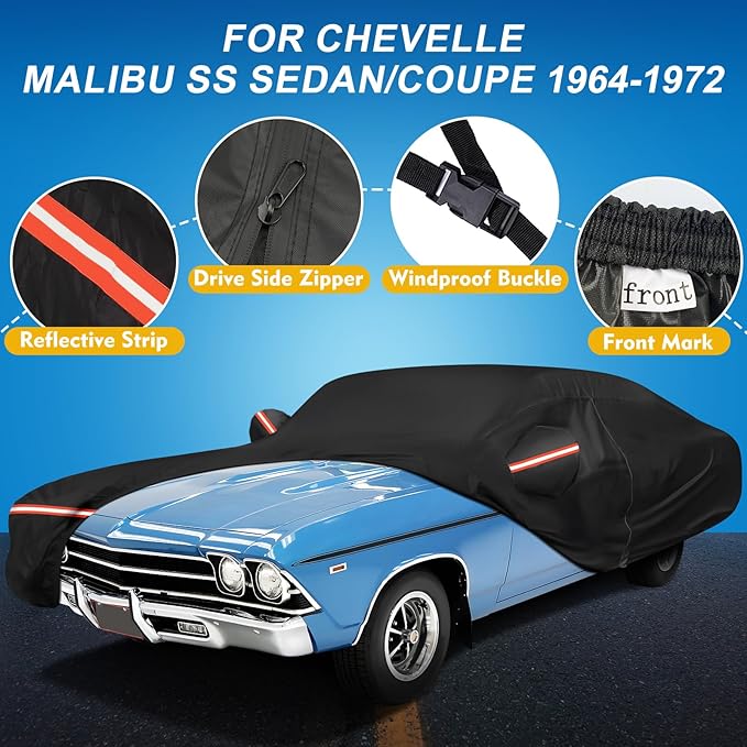 QUNSUNUS Waterproof Car Cover for Chevelle Malibu SS Sedan/Coupe 1964-1972, Outdoor Car Cover with Zipper, Full Exterior Car Covers for Automobiles All Weather with Wind, Sun, UV and Dust Protection