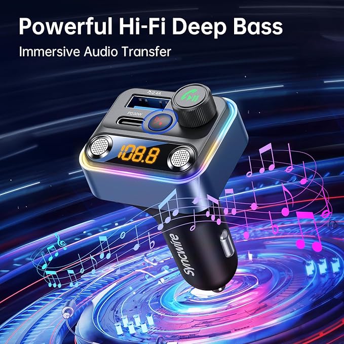 Syncwire Bluetooth 5.4 FM Transmitter Car Adapter 42W [Light Switch] [Stronger Dual Mics] [HiFi Bass Sound] [Fast Charging] Wireless FM Radio Music Adapter Hands-Free Calling Support USB Drive, Blue