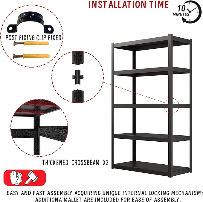 72" Hx47.3 Wx23.6 D 5 Tier Garage Shelving Heavy Duty Garage Storage Shelves 3000 lbs Heavy Duty Shelving Adjustable Matte Black Metal Shelving Industrial Rack (72" Hx47.3 Wx23.6 D)