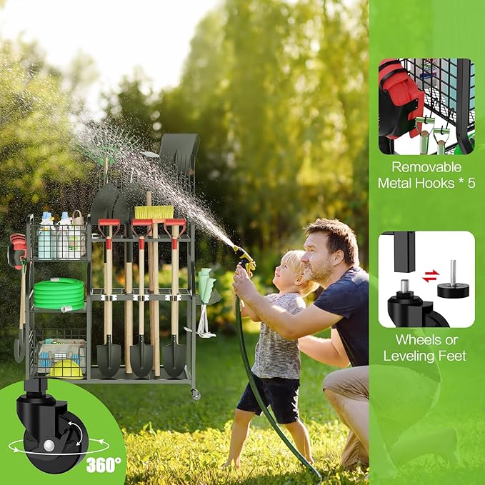 Garden Tool Organizer for Garage, 3 Tier Utility Yard Tool Organizer and Storage Holder with Wheels, Large Garden Tool Rack with Extra Storage Basket for Shed/Garage/Yard/Basement/Lawn