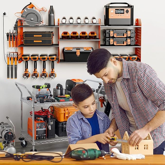 Power Tool Organizer with Charging Station Wall Mount, 3 Layer Expanded Heavy Duty Garage Organization, 45.5 Inch Length Garage Tool Storage, 8 Drills, 2 Assemble Method, Orange