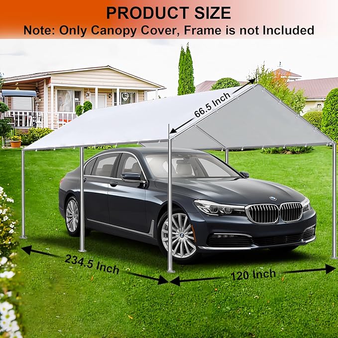 10 x 20 Ft Carport Replacement Canopy Cover Garage Top Tent Shelter with 40 Ball Bungee Cords Heavy Duty Waterproof UV & Tear Resistant, Easy Assembly, White (Only Cover, Frame Not Include)