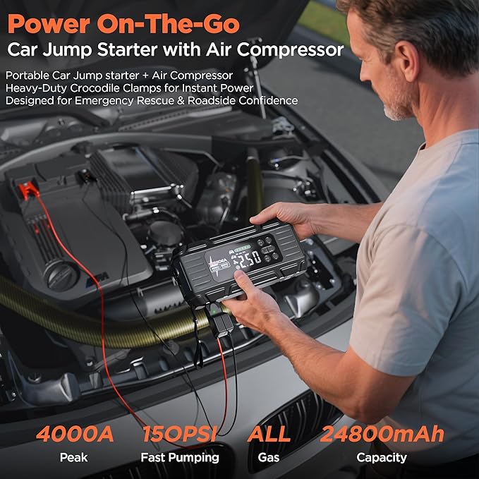 Jump Starter with Air Compressor: 4000A 150PSI Car Battery Charger - 65W Tire Inflator Portable Car Battery Jumper Starter Power Pack - Jump Box Cables (All Gas/10L Diesel) - for Automotive RV Tools