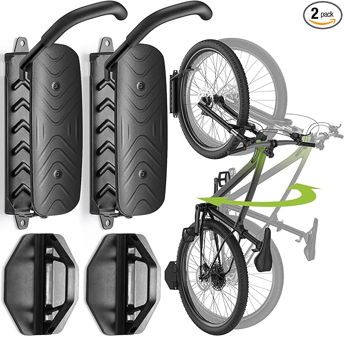Swivel Bike Wall Mount [2 Pack], 150° Swivel Vertical Bike Rack Wall Hanger Holds up to 66lbs for Mountain/Road/Hybrid Bikes, Bike Hangers, Bicycle Storage Rack for Garage