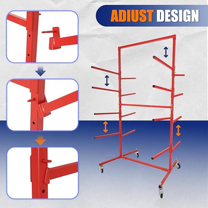 HECASA Bumper Adjustable Storage Rack Steel Floor Mobile Bumper Storage Rack - Double Sided for Automobile Parts Storage Red Powder Coated