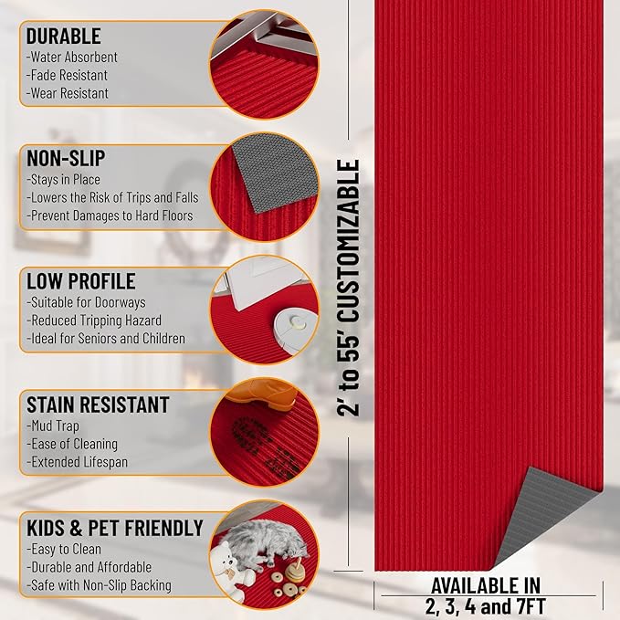 Ottomanson 2' x 6' Hallway Runner with Scraper Pile - Extra Durable Non-Slip Rug Mat for Indoor & Outdoor Use - Ideal for Kitchen, Entryway, Patio & Garage - High-Traffic Carpet, Red