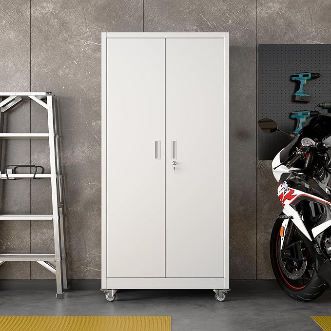 Garage Storage Cabinet with Pegboard and 5 Adjustable Shelves, 71'' x 32'' x 16''Metal Lockable Cabinet with Magnetic Doors,Tool Storage,Home Office Garage,Gym,School(White)