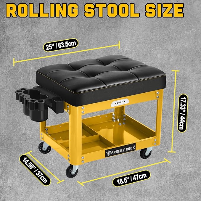 Rolling Mechanic Shop Stool with Wheels, Garage Mechanics Stool with 2 Layer Repair Tools Tray, Padded 360° Swivel Automotive Roller Creeper Seat Shop Chair, Heavy Duty, 330 LBS Capacity, Yellow