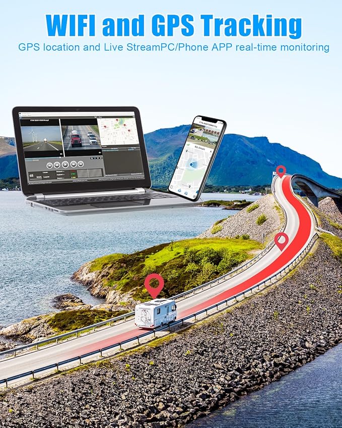 RV Backup Camera System AI WiFi GPS 7 inch Touch Screen Monitor Vehicle Recording with 4 Pieces 1080P Rear Side View Waterproof Camera Live View on APP/Web/PC for Camper RV Truck Trailer Tractor Fleet