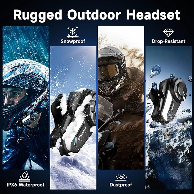 Moman Motorcycle Intercom, H2S Motorbike Helmet Headset 2-Way 1000M Communication System with Triple Noise Cancellation Audio Multitasking Hi-Fi Stereo Music Sharing FM AI Voice Waterproof, 1 Pack
