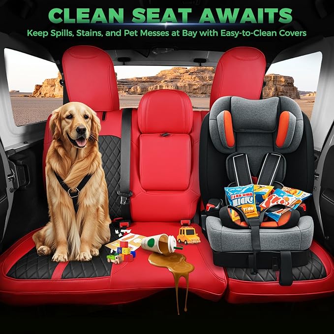 for Jeep Wrangler Seat Covers 4Door JL 2018 2019 2020 2021 2022 2023 2024 2025, Custom Fit Car Seat Cover Full Set, Luxury Waterproof Leather Seat Protectors, Red Black, with Rear Cup Holder