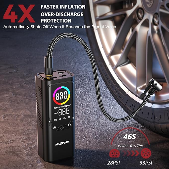 Tire Inflator Portable Air Compressor, NEXPOW 150PSI & 9000mAh Cordless Air Pump with Digital Tire Pressure Gauge, Accurate Dual LCD Display & LED Light, Tire Inflator for Car,Motorcycle,Bike,Balls