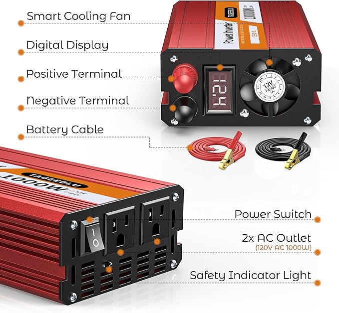 1000W Power Inverter, DC 12V to 110V AC Car Inverter with LCD Screen Display, 2 AC Outlets, Equipped with 2 Clips for Truck, Home, Vehicles, Laptop, Trip