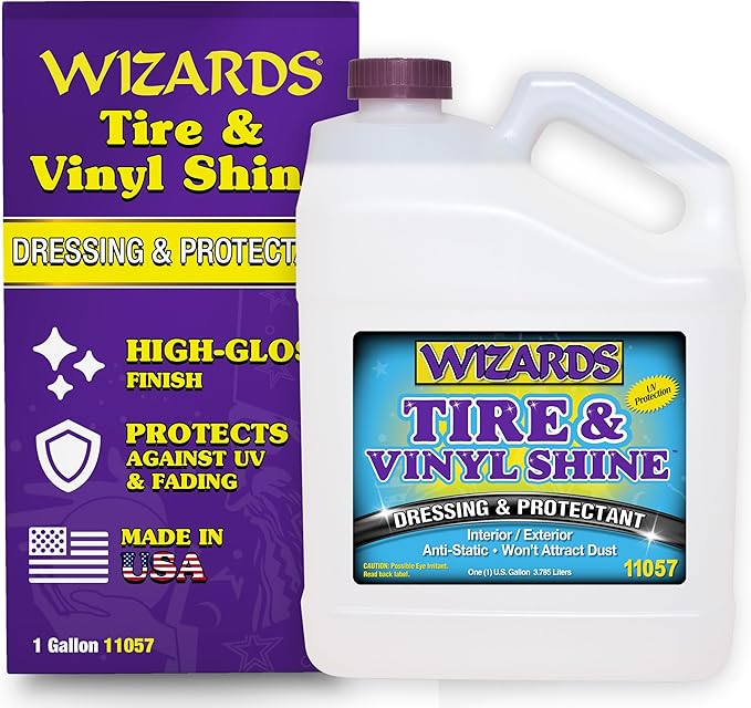 Wizards - Vinyl & Tire Shine Spray, Tire Dressing and Protectant, Professional Detail Spray, No Sling Off, Anti-static Car Detailing Spray, KeepingTires & Vinyls Look New, Car Care Products, 1 Gallon