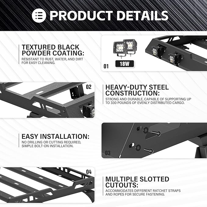 for JK JKU Roof Rack Hard Top Cargo Basket with Ladder & 4 LED Lights Compatible with 2007-2018 Jeep Wrangler JK JKU Unlimited 4 Doors Hardtop, Rooftop Rack Carrier Luggage Storage Holder