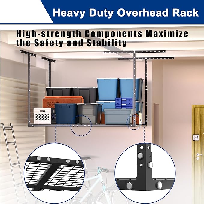 GIOTORENT 3x4FT Heavy Duty Overhead Garage Storage Rack - Adjustable Ceiling Shelving with 450lbs Weight Capacity, Metal Garage Organization System, Black