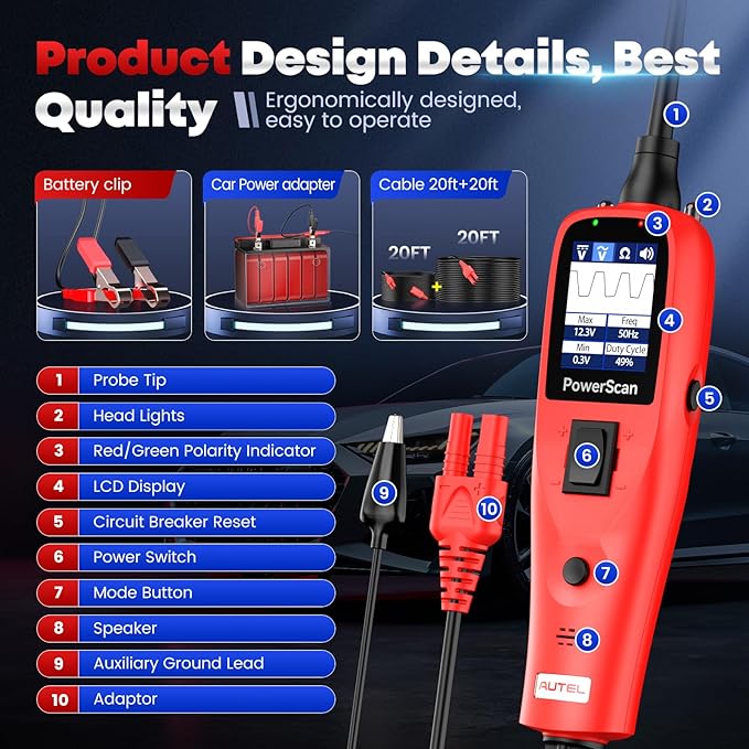 Autel PowerScan Automotive Circuit Tester, Power Circuit Probe Tool, 12-24V Electrical Short Open Breaker Circuit Finder, AC/DC Current Resistance, Duty Cycle, & 20FT Extension Cord, for 99% Cars