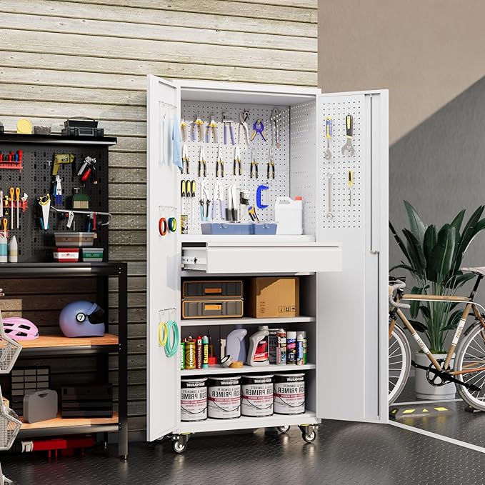 71" H Garage Storage Cabinet with Locking Doors and 2 Adjustable Shelves, Metal Tool Storage Cabinet with Wheels, Drawer, Pegboard and 16 Hooks for Garage, Warehouse, White