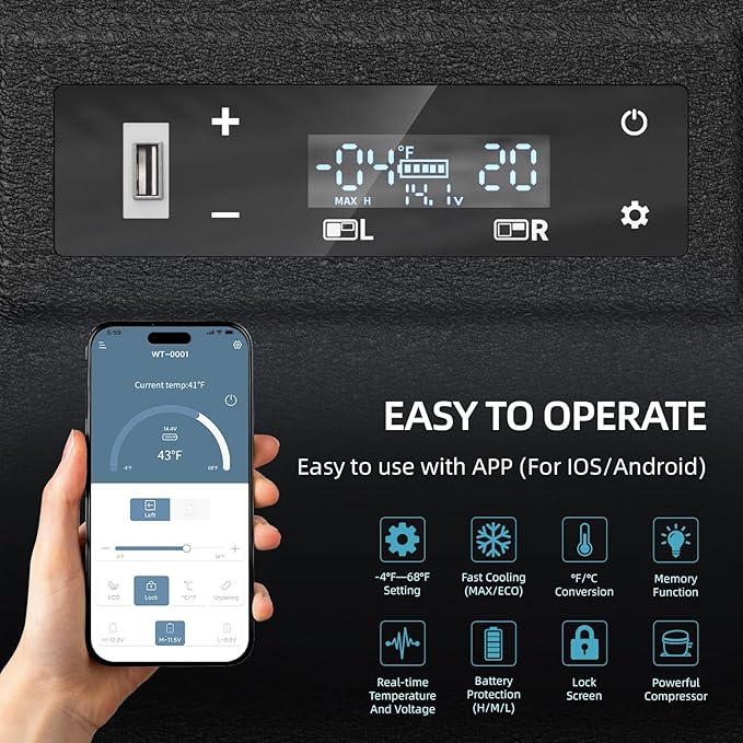 12 Car Refrigerator, 53Quart Dual Zone 12V Car Fridge Portable Freezer(-4F~68F), Compressor Electric Cooler with 12/24V DC 110-240V AC, APP Control, for Camping, Travel, RV, Truck (53Quart)
