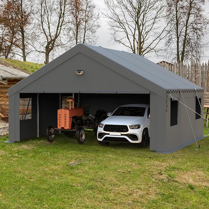 20x20 Carport Canopy, Heavy Duty Car Port, Portable Car Ports Garage with 2 Roll-Up Zipper Drive Through Doors, Grey