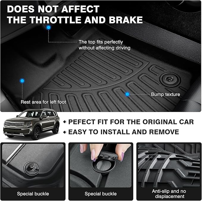 Powerty Floor Mats for 2020-2025 2026 Kia Telluride 7 Seats Accessories All Weather Floor Liner 3D TPE Floor Mat Heavy-Duty Floor Liners