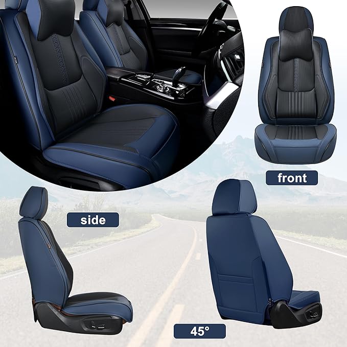 Front Seat Covers, 2 Pieces Universal Seat Covers for Cars, Waterproof Leather Auto Seat Protectors with Head Pillow, Car Seat Cushions Fit for Most Sedans SUV Pick-up Truck, Black&Navy